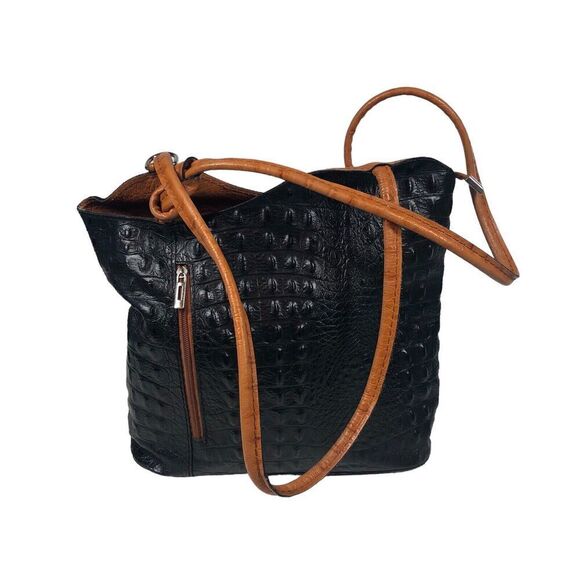 Moda In Pelle Purse Womens Black Ostrich Pattern Italian Leather Tote Backpack - Picture 8 of 16